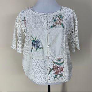 Bedford Fair Lifestyles Vintage Floral Patchwork Crocheted Button Up Top